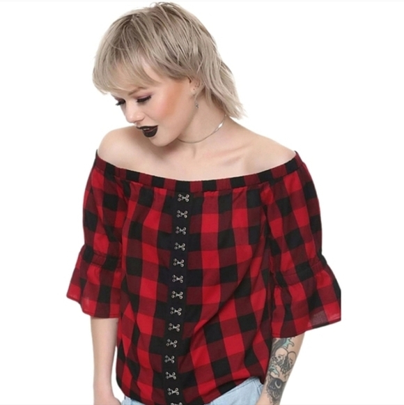 Hot Topic Plaid Off-Shoulder Top - Picture 2 of 5